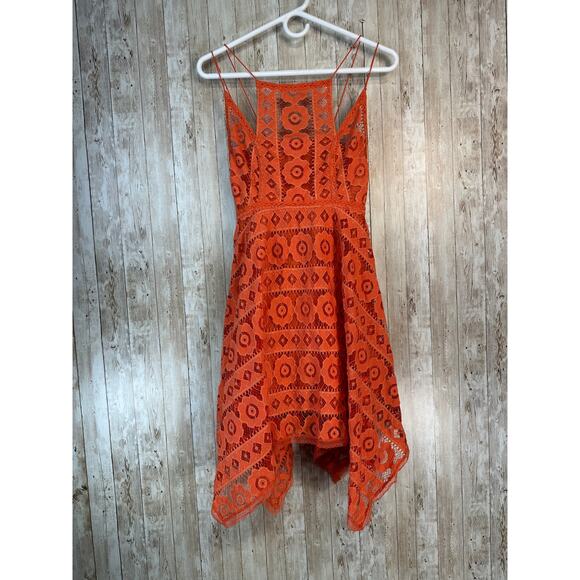 Free People Just Like Honey Mini Dress Size 2 Orange Lace Fully Lined‎ Halter - Picture 2 of 8